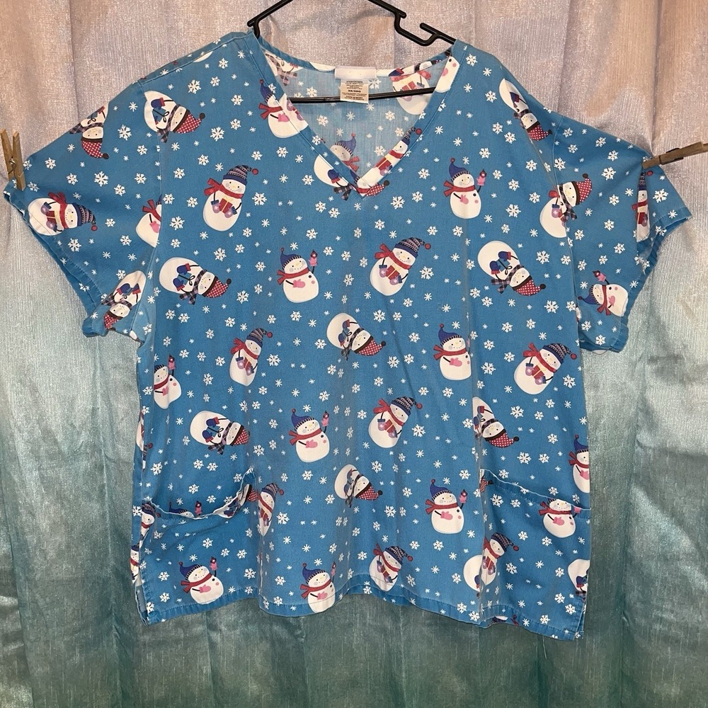 SB Scrubs Uniform Top Aqua Blue Snowman Women's Plus Sz 3X Scrub